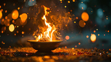 The Lighting Of Earthen Lamps Around A Holika Fire, Holika Dahan, Blurred Background, With Copy Space