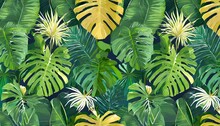 Tropical Background Vegetable Seamless Pattern Rainforest Jungle Palm Leaves Monstera Colocasia Banana Hand Drawing For Design Of Fabric Paper Wallpaper Notebook Covers