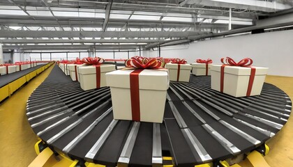 Wall Mural - christmas gift boxes on conveyor rollers ready to be shipped