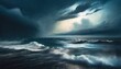storm with dark clouds at night over the water of the ocean with waves epic historical scenario for a maritime wallpaper landscape for brave sea adventures