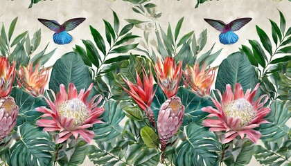  vintage tropical background with protea hibiscus flowers leaves hummingbirds butterflies seamless border premium wallpaper hand drawn 3d illustration luxury mural for paper packaging cloth