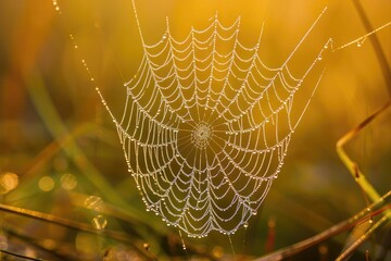 Dew-kissed spider web glistening in the early morning light