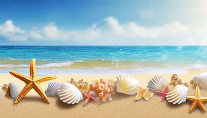 Wall Mural - sea shells and starfish on the beach banner with copy space