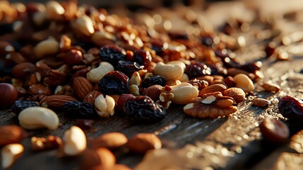 Wall Mural - A mix of nuts and dried fruits on a rustic wooden table. Selective focus.