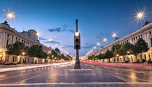 Traffic Lights In The Center Of The Capital City Of Romania Bucharest University Square Photo Shot At Dusk