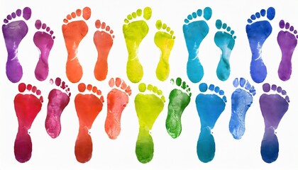 rainbow color human footprints way white background isolated colorful watercolor barefoot footsteps pattern foot print collection walking path illustration bare feet route trail imprint stamp mark