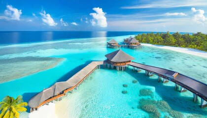 Wall Mural - perfect aerial landscape luxury tropical resort or hotel with water villas and beautiful beach scenery amazing bird eyes view in maldives landscape seascape aerial view over a maldives