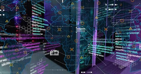 Poster - Animation of world map and data processing over computer server room