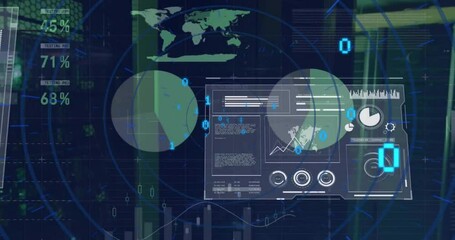 Poster - Animation of binary coding and interface screens processing data over computer server room