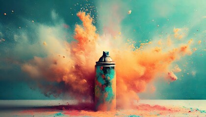 Canvas Print - color aerosol with cloud of colored powders stock photo in the style of light orange and teal video glitches high quality photo colorful explosion