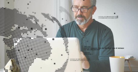 Poster - Animation of global network over senior caucasian man in glasses using laptop at home