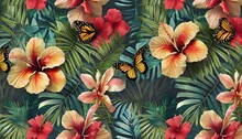 Vintage Floral Seamless Pattern Tropical Wallpaper With Hibiscus Flowers Palm Leaves Butterflies Luxury Botanical Background Hand Drawn 3d Illustration Premium Design For Wallpaper Fabric