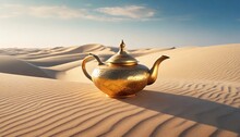 Oriental Gold Teapot Lying On The Sand In The Desert Dunes