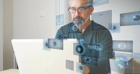 Poster - Animation of processing data on interface screens over senior caucasian man using laptop