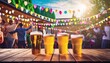 plastic cups with beer blurred background with a party house party