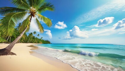 Wall Mural - tropical island paradise beach nature blue sea wave ocean water green coconut palm tree leaves yellow sand sun sky white clouds beautiful caribbean landscape summer holidays vacation travel