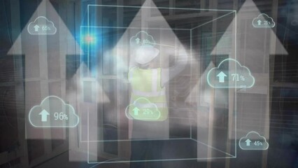 Poster - Animation of cloud icons uploading data over caucasian male engineer measuring walls