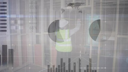 Poster - Animation of data processing on charts over caucasian male engineer measuring walls