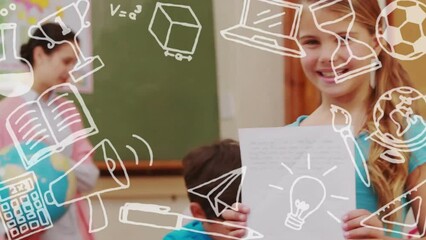 Poster - animation of school icons over diverse schoolchildren and female teacher in classroom