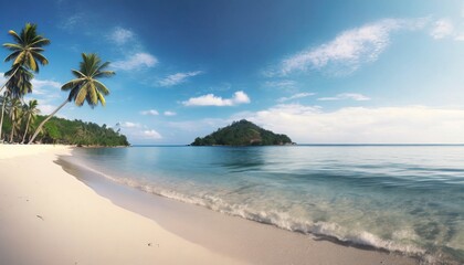 Canvas Print - sandy tropical beach with island on background