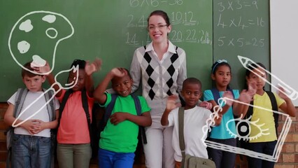 Poster - Animation of school icons over diverse schoolchildren and female teacher in classroom