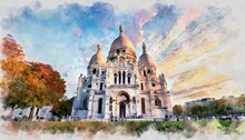 Beautiful Digital Watercolor Painting Of The Sacre Coeur Basilica At Sunset In Paris France Autumn Colors In The Sky