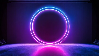 Wall Mural - 3d render blue pink neon round frame circle ring shape empty space ultraviolet light 80 s retro style fashion show stage abstract background