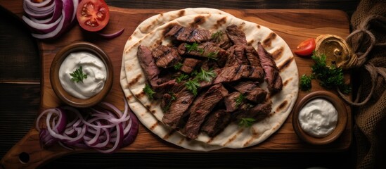 Sticker - Beef, onions, sauce, pita bread on wooden board, top view