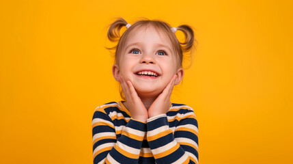 Portrait of young cute adorable smiling girl child kid hold hands under chin isolated on yellow color background