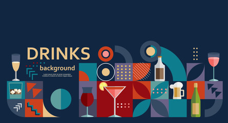 cocktails with alcohol or juice in minimalistic geometric flat style. creative colorful composition.