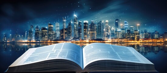 Wall Mural - Modern city skyline appears in open book pages with smart wireless IoT automation system.