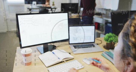 Poster - Animation of financial data processing over caucasian businesswoman in office