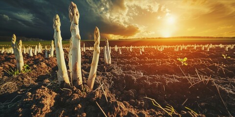 Sundown at an Organic White Asparagus Plantation: Nurtured by Dedicated Farmers, Fresh and Nutrient-Rich Harvests Await, Generative AI