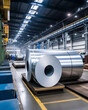 rolls and sheets of stainless steel in a factory or at a construction site