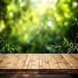 Empty board or table top and blurred green bamboo culms. Place for your product display. Generative Ai