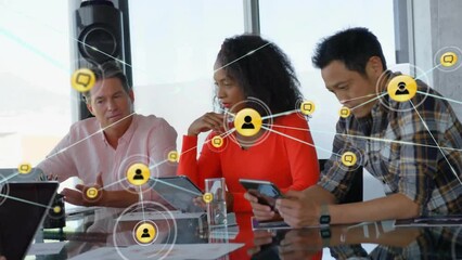 Poster - Animation of network of connections over diverse business people in office