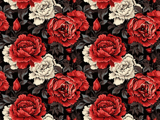 Poster - Bright and lush white red roses. Stylish and seamless pattern consisting of realistic roses.