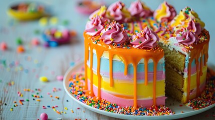 Wall Mural - Birthday cake with colorful sprinkles on white wooden background. Selective focus