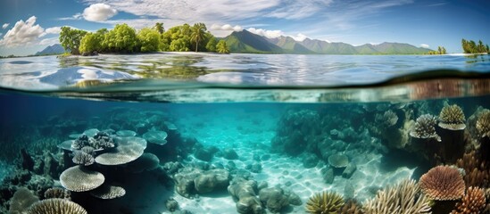 Sticker - El Nino causes light-colored coral in shallow water, French Polynesia, Pacific Ocean.