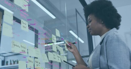 Poster - Animation of data processing over african american businesswoman using tablet