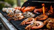 Close up view of seafood on a barbecue grill in the backyard