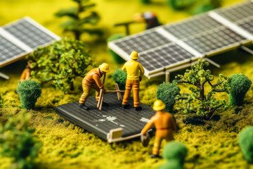 Miniature workers near solar panels