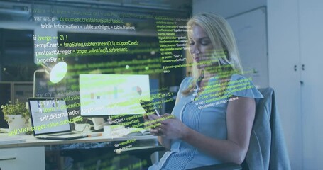Poster - Animation of data processing over caucasian businesswoman using smartphone