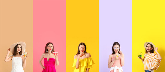 Poster - Set of beautiful young women with cocktails on color background