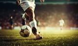 Fototapeta Sport - Foot of soccer player kicking football ball on amazing grass stadium.