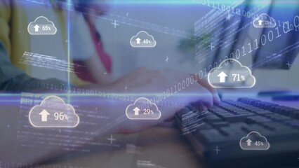 Poster - Animation of clouds and data processing over caucasian businessman using phone headset