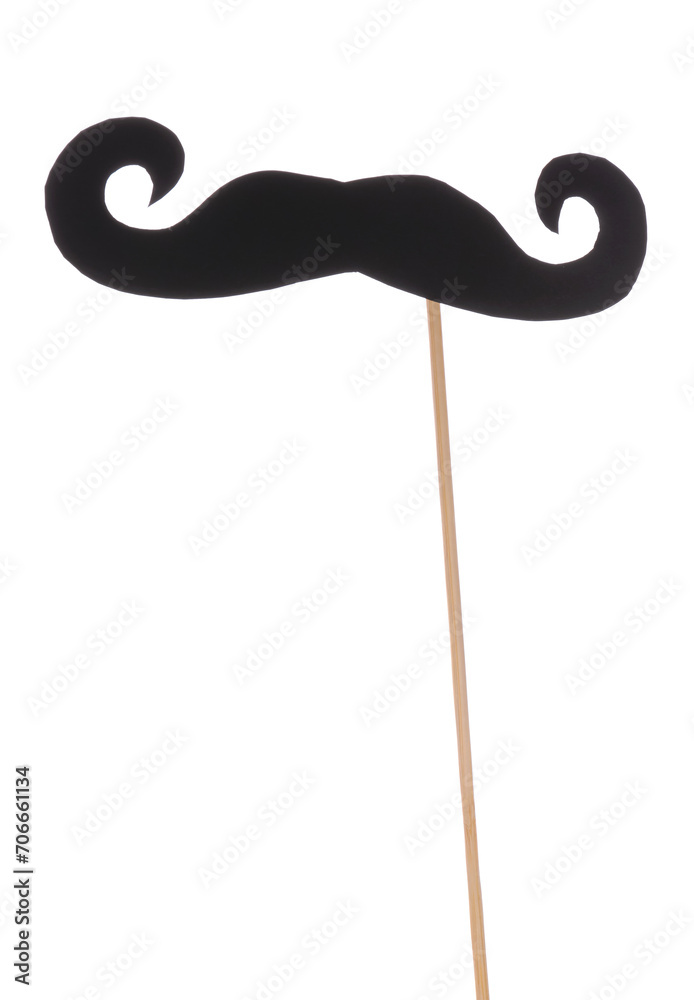 Wooden stick with paper mustache isolated on white background, closeup