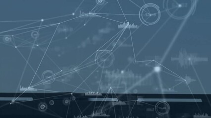 Poster - Animation of cars on street over network of connections with data processing on grey background