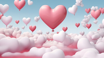 Wall Mural - 3D animation of pink and red hearts in the form of balloons