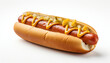 Recreation of a hot dog with ketchup and mustard in white background